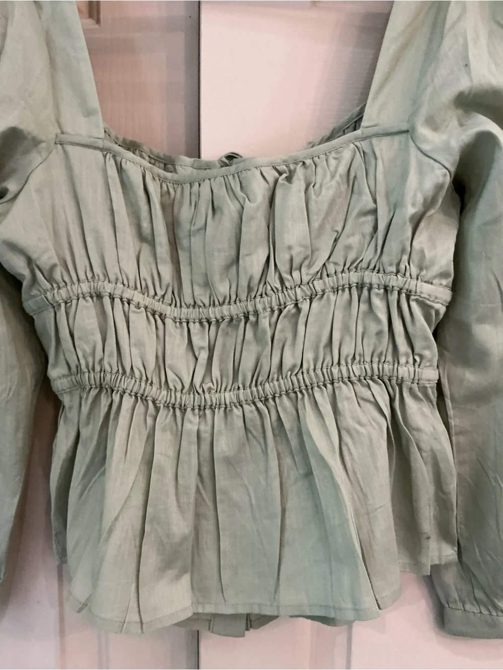 J. Crew Sage Green Smocked Square-Neck Cotton Blouse